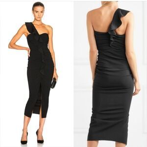 Veronica Beard Women's Size 4 Black Biba Ruffled One-Shoulder Crepe Midi Dress